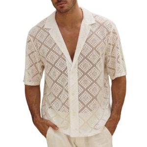 Men's Cuban Collar Shirt Casual Hollow Out Knitted Button Down Shirt Vintage Short Sleeve